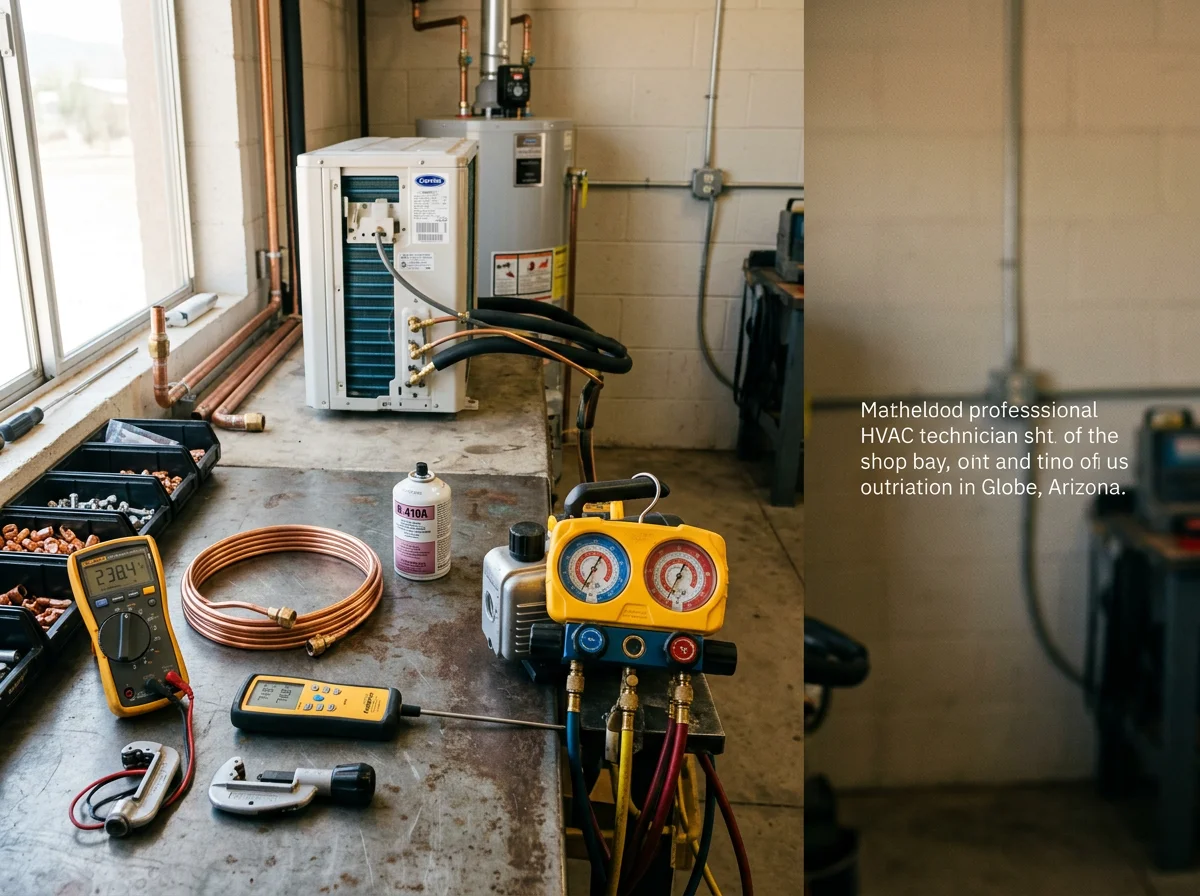 Environmental view of a service vehicle and HVAC tools arranged for a job, showing the trade equipment our crew uses on local calls.