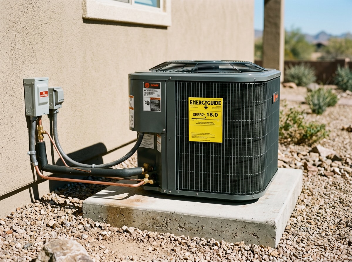Technician-installed outdoor condenser unit for a 1 ton residential AC system mounted on a concrete pad