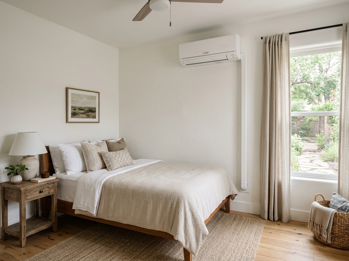 Ductless mini-split indoor wall unit installed in a small casita bedroom with visible line-set routing