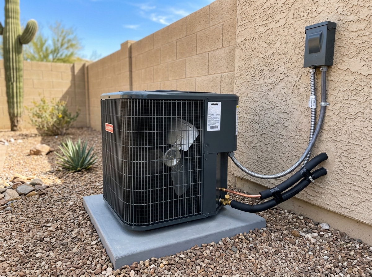 Outdoor AC condenser unit after an emergency night repair in San Tan Valley, AZ