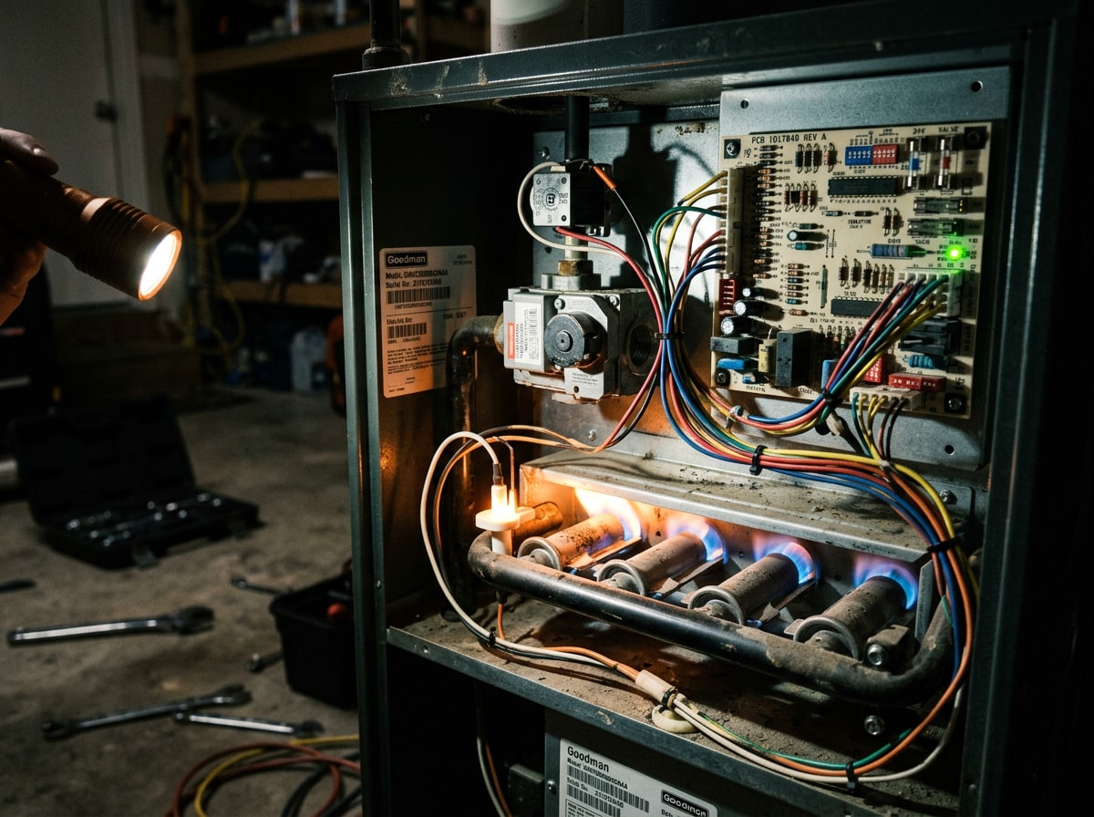 HVAC technician inspecting furnace components during a night service call