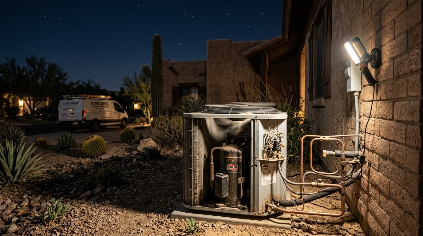 Outdoor HVAC condenser unit during a 24 hour emergency repair call in San Tan Valley, AZ Outdoor HVAC condenser unit during a 24 hour emergency repair call in San Tan Valley, AZ