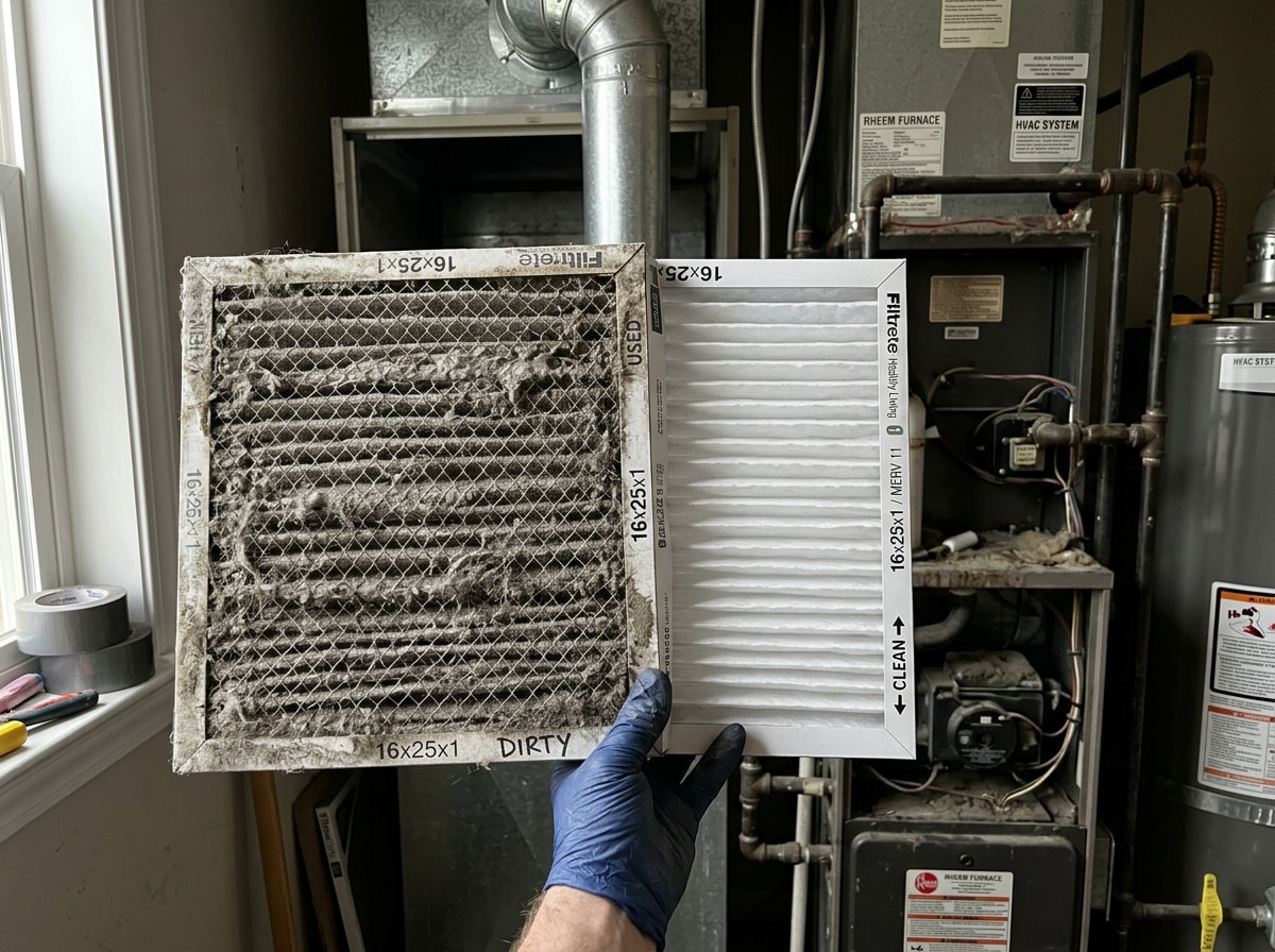 Technician inspecting a dirty AC air filter during a Mesa AZ service call