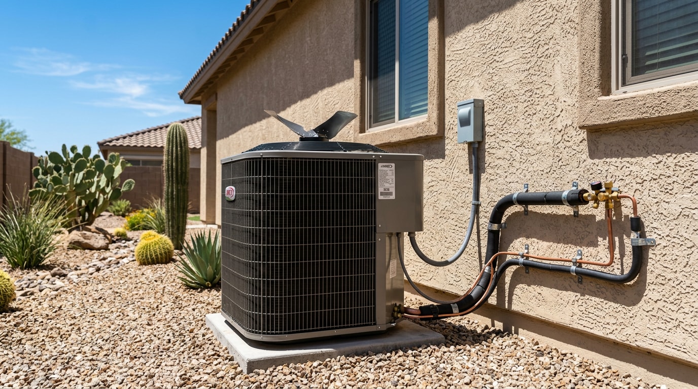 Residential AC condenser unit outside a Mesa, AZ home in bright desert sunlight