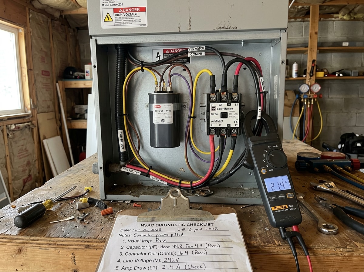 HVAC technician reviewing an AC diagnostic checklist on a Mesa, AZ home cooling system