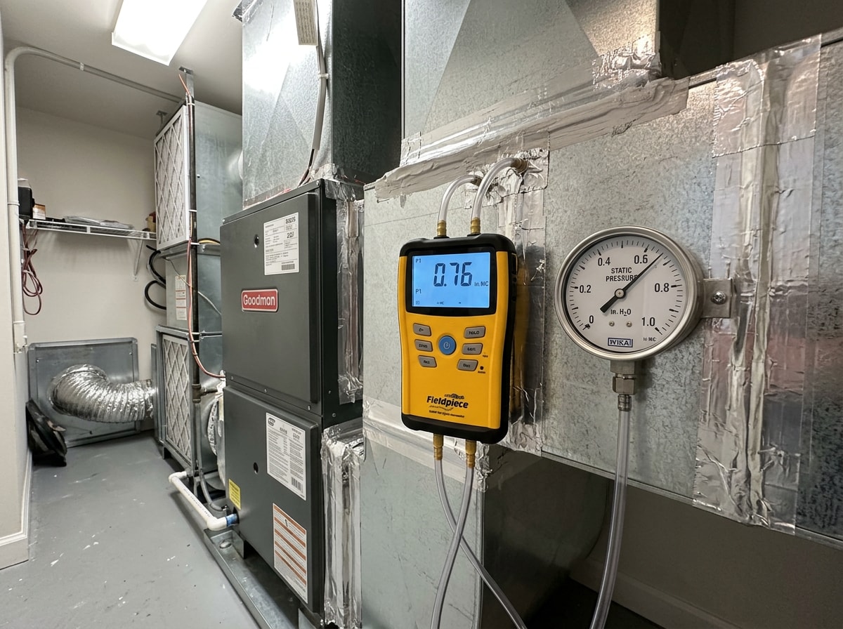Technician performing a live airflow and static pressure test on an AC system