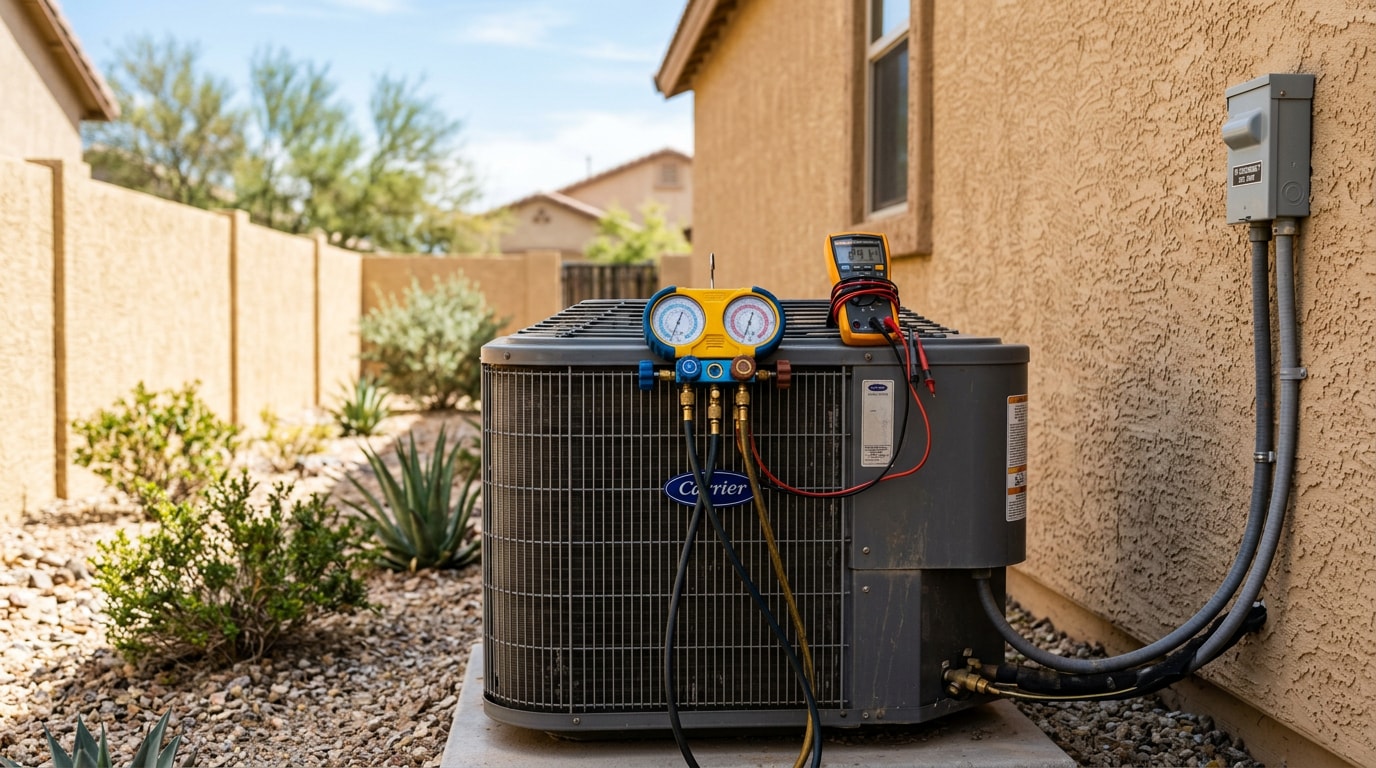 Residential AC condenser unit with diagnostic gauges in Mesa, AZ Residential AC condenser unit with diagnostic gauges in Mesa, AZ