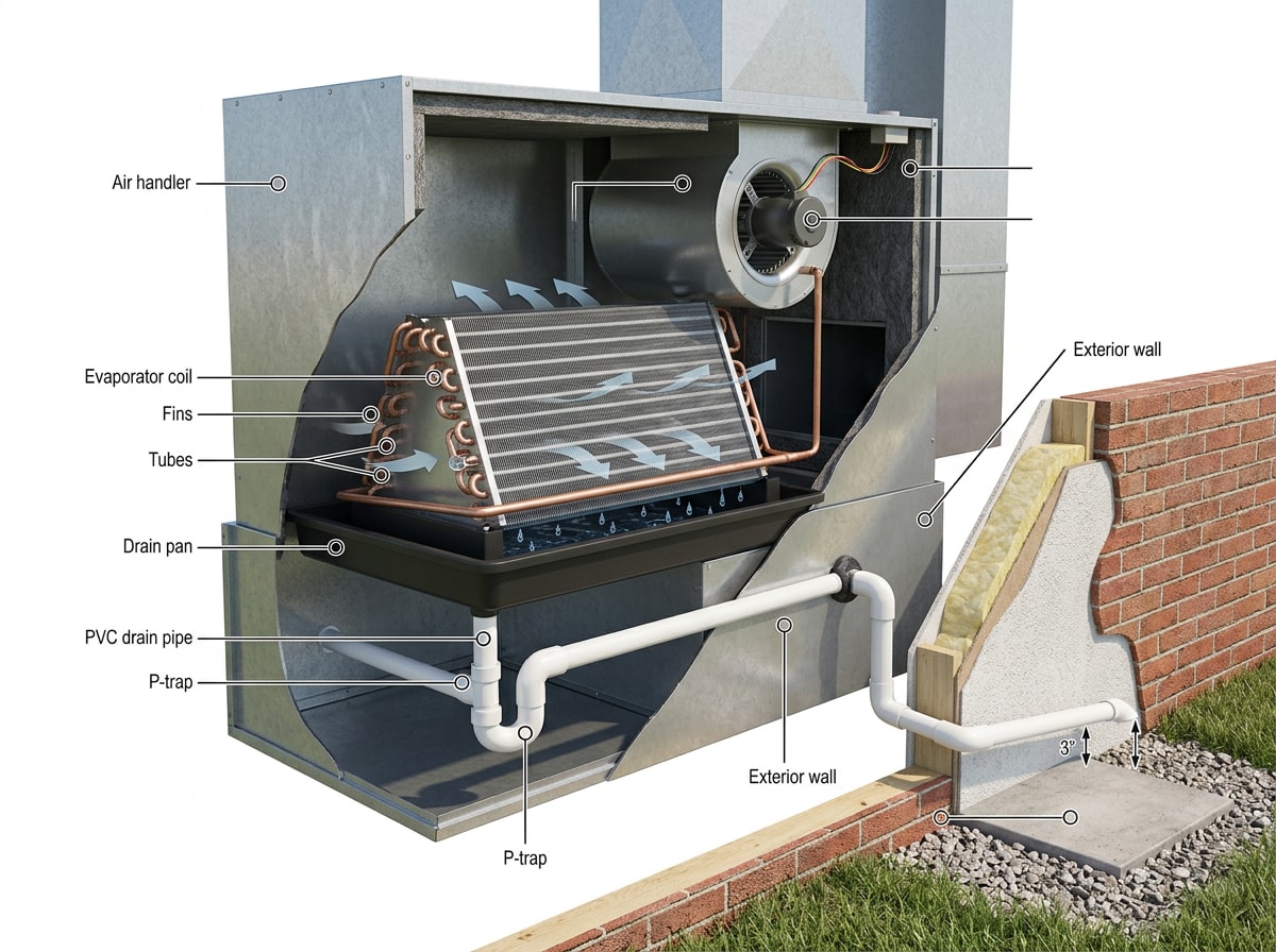 Diagram showing the condensate drainage path from the evaporator coil to the drain line and exterior drain
