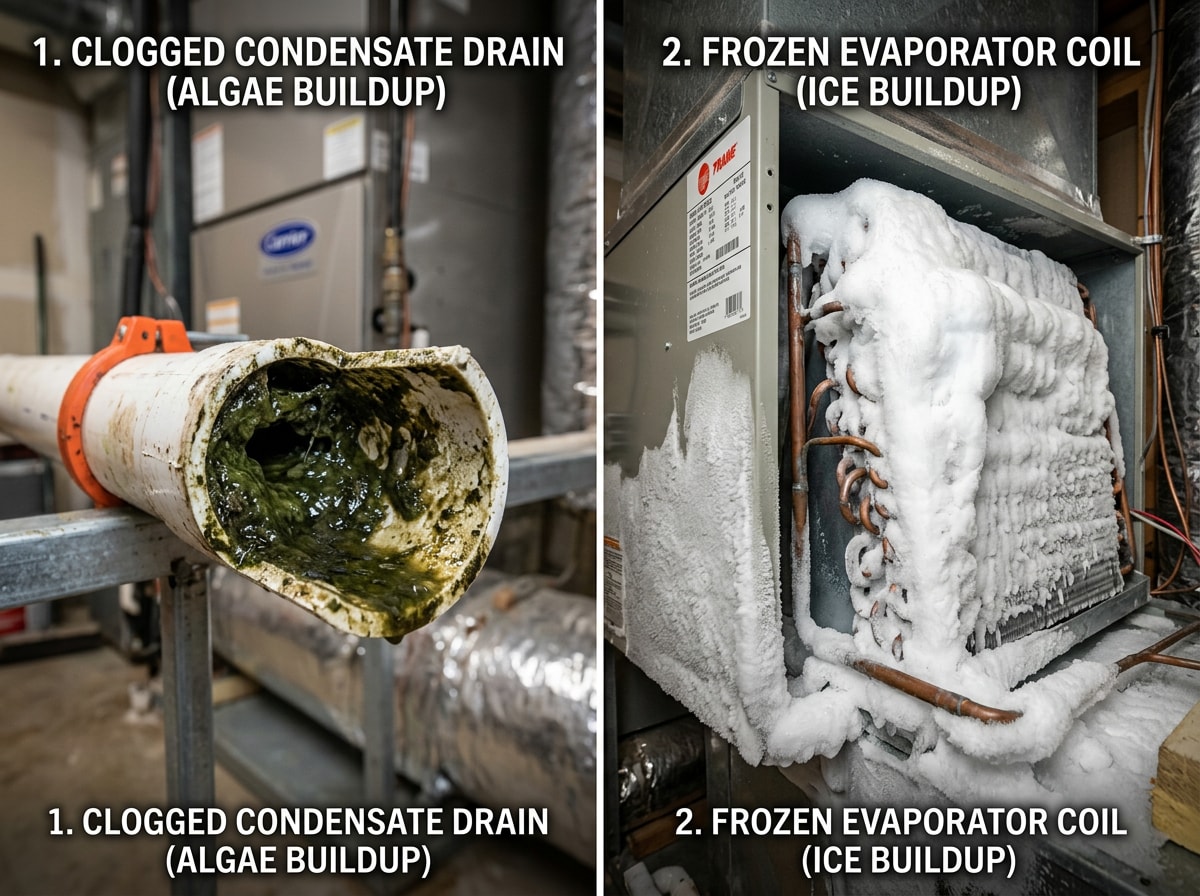 Infographic listing common causes of an AC leaking water, including clogged drain lines and frozen coils