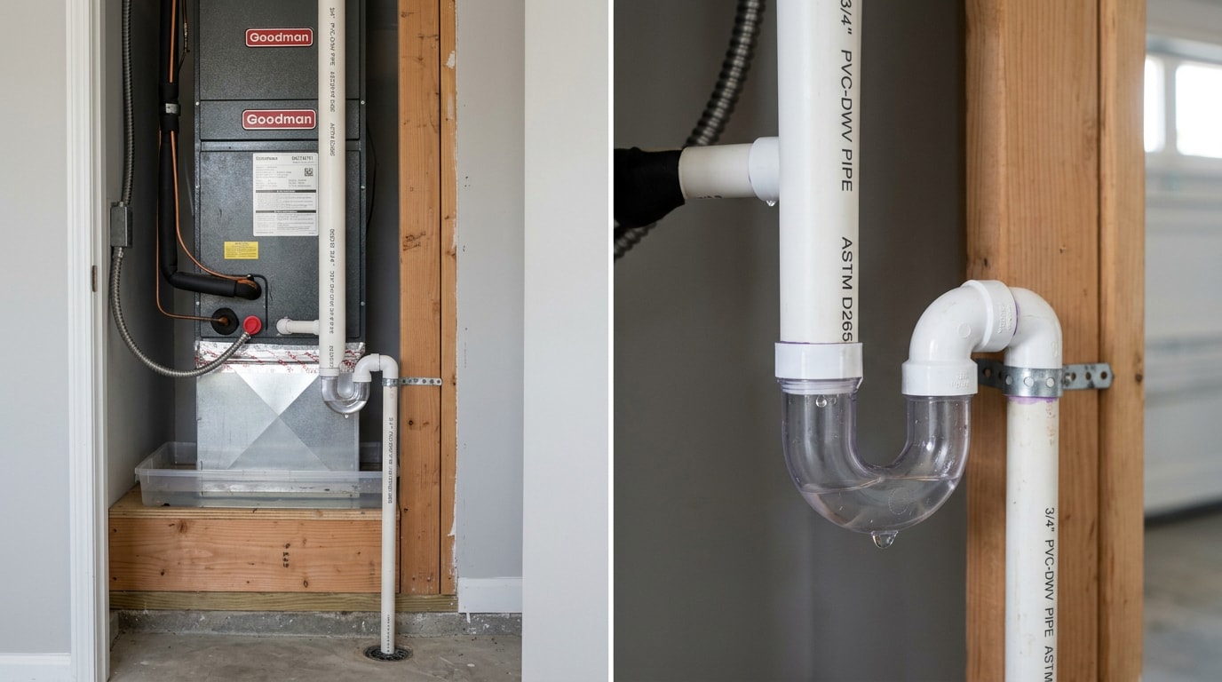AC indoor air handler with condensate drain line and pan showing a small water leak AC indoor air handler with condensate drain line and pan showing a small water leak