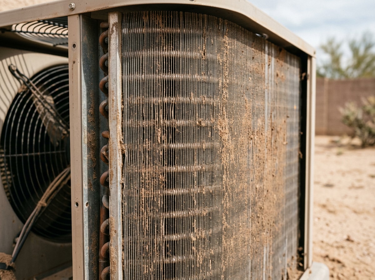 Dust-caked outdoor AC condenser coil showing reduced airflow in desert heat
