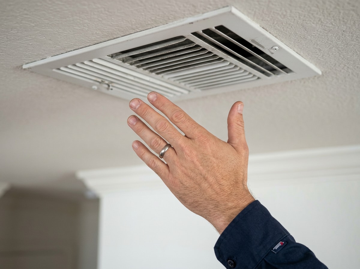 Hand testing airflow temperature and strength at an indoor AC vent