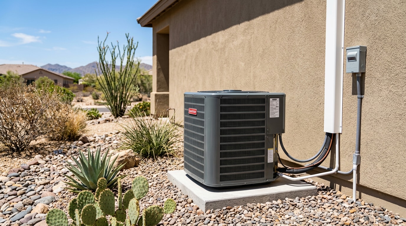 Residential AC condenser unit outside a desert home in San Tan Valley, Arizona Residential AC condenser unit outside a desert home in San Tan Valley, Arizona