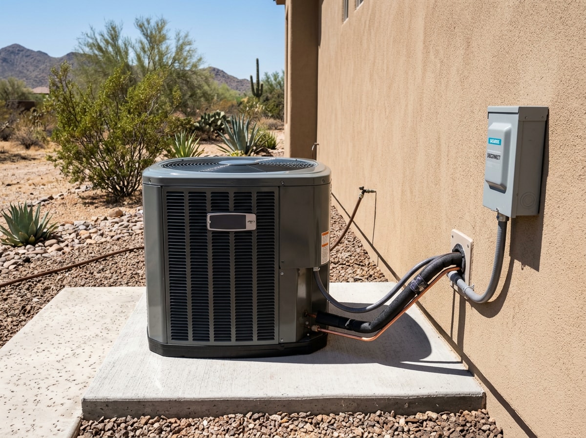 Newly installed outdoor AC condenser unit on a concrete pad beside a stucco desert home