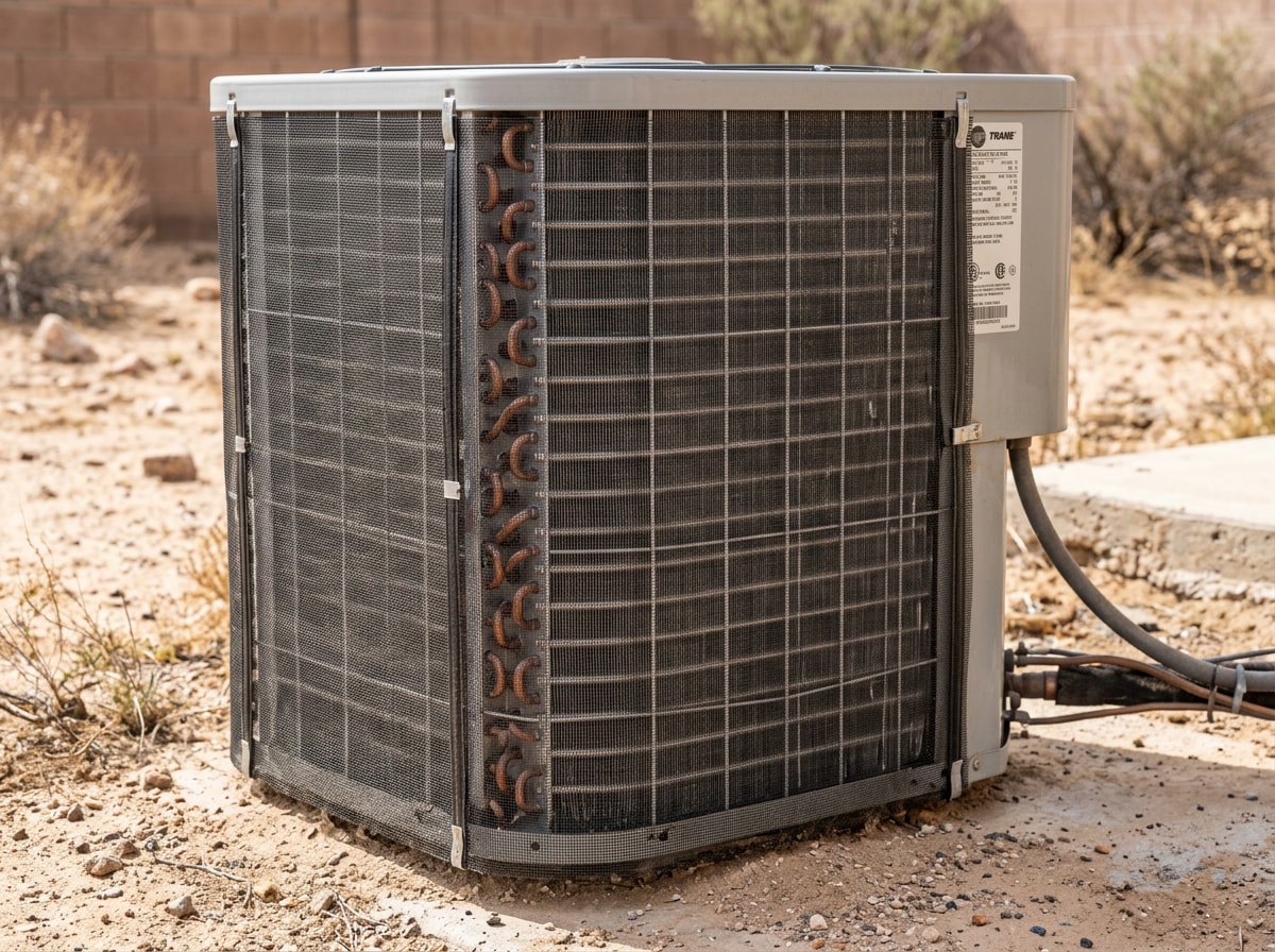Close-up of a clean outdoor AC condenser coil with a dust-filtering mesh guard installed
