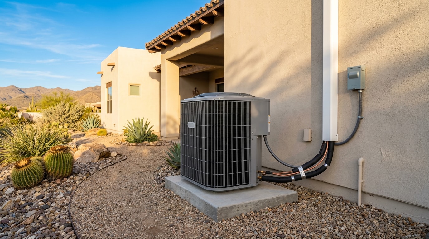 Newly installed AC condenser unit outside a desert home in Apache Junction, AZ