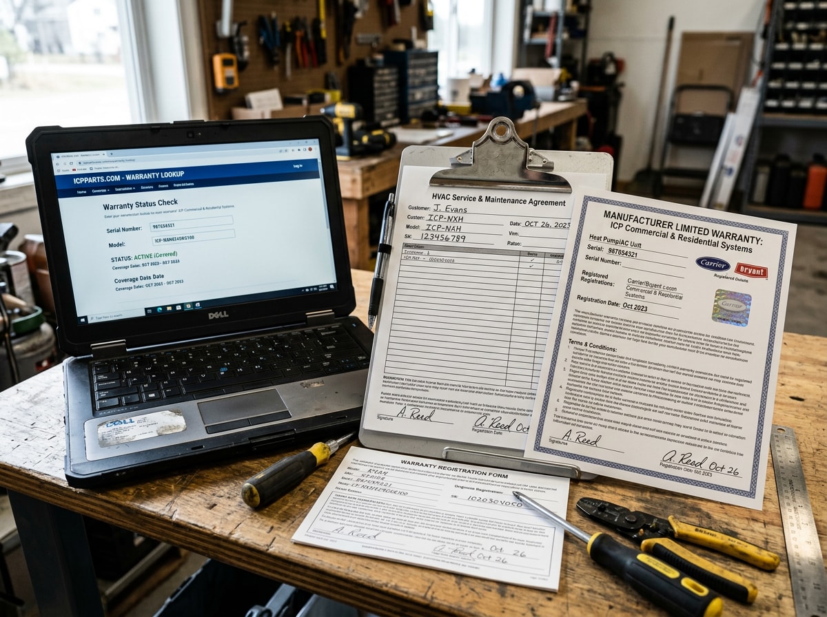 Technician reviewing AC warranty paperwork with a Gold Canyon homeowner
