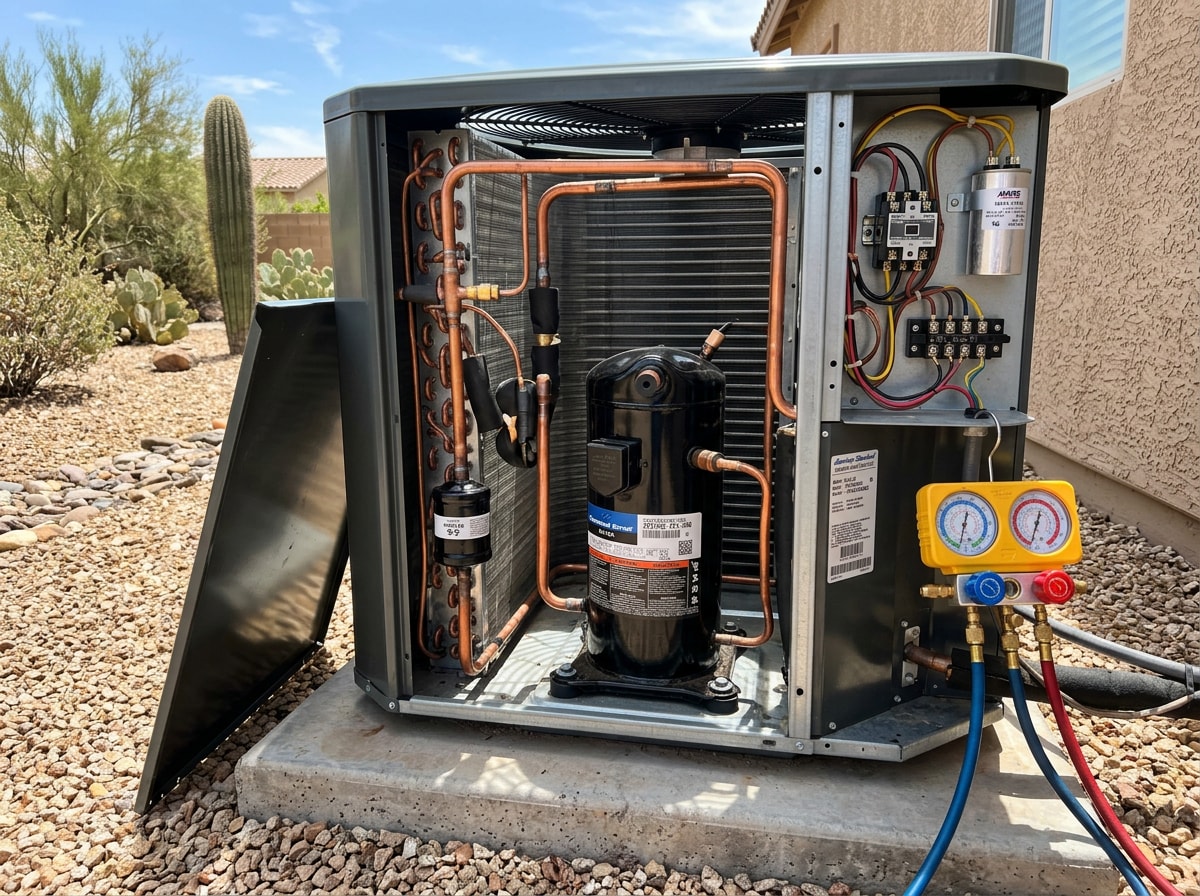 HVAC technician inspecting an outdoor condenser unit during Arizona summer heat
