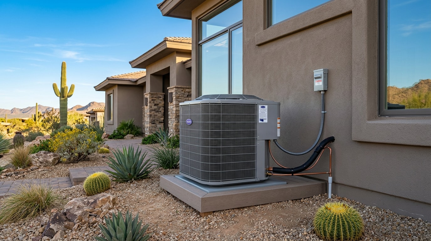 Residential AC condenser unit installed at a Gold Canyon, AZ home Residential AC condenser unit installed at a Gold Canyon, AZ home