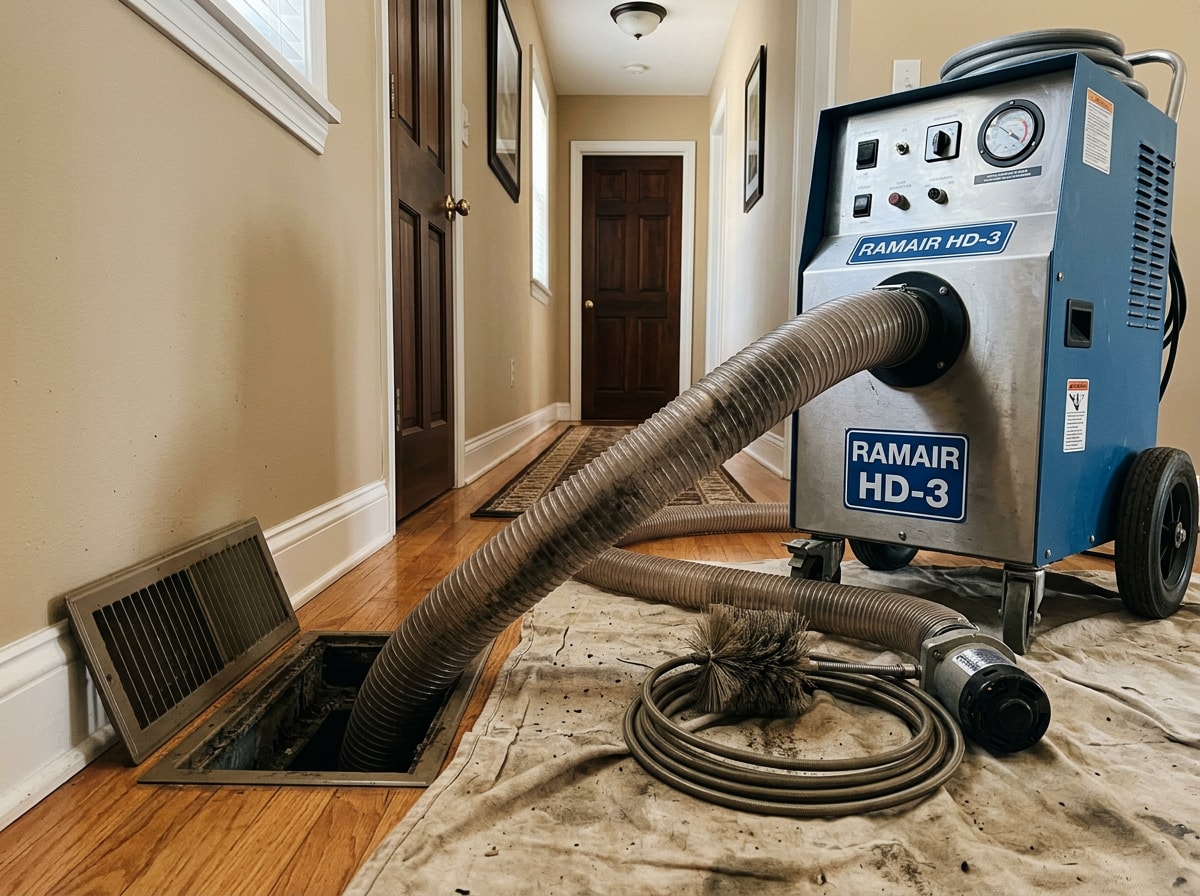 Technician using a negative pressure vacuum and rotary brush during AC duct cleaning in a Queen Valley, AZ home