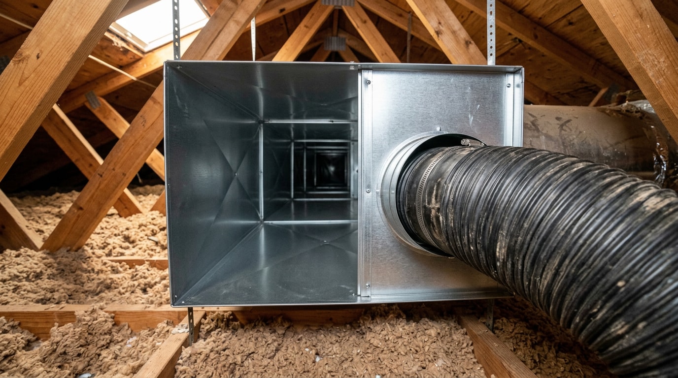 Clean sheet-metal air duct trunk line after professional air conditioning duct cleaning in Queen Valley, AZ Clean sheet-metal air duct trunk line after professional air conditioning duct cleaning in Queen Valley, AZ