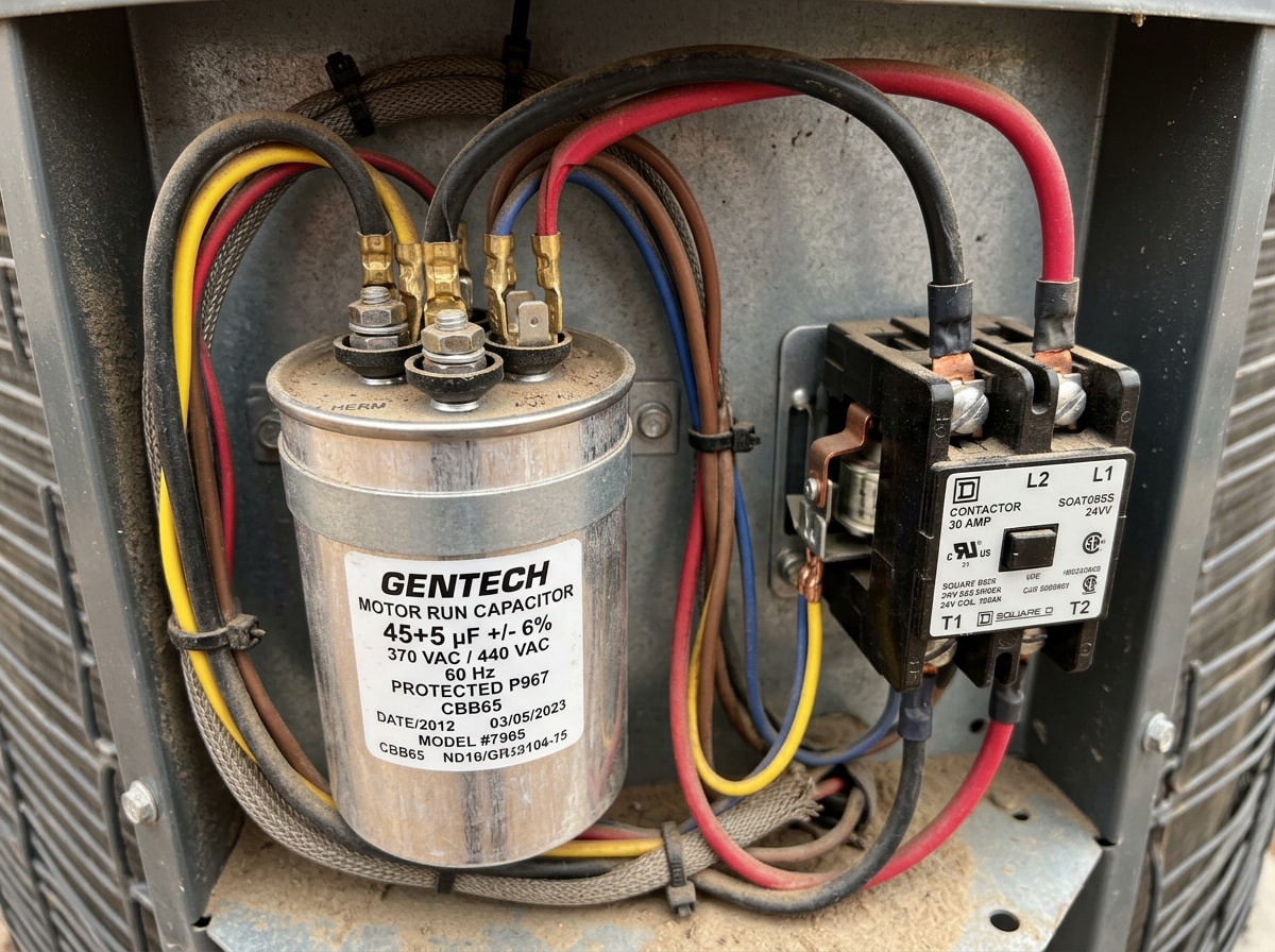 Close-up of an AC capacitor and contactor inside an open condenser unit access panel