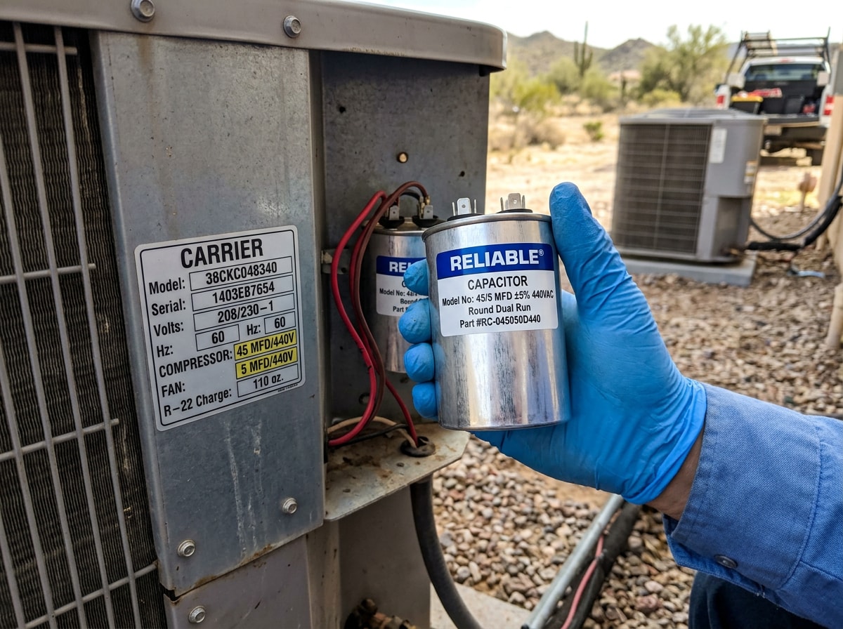 Technician's hand holding a new AC capacitor next to the labeled nameplate on an outdoor condenser unit