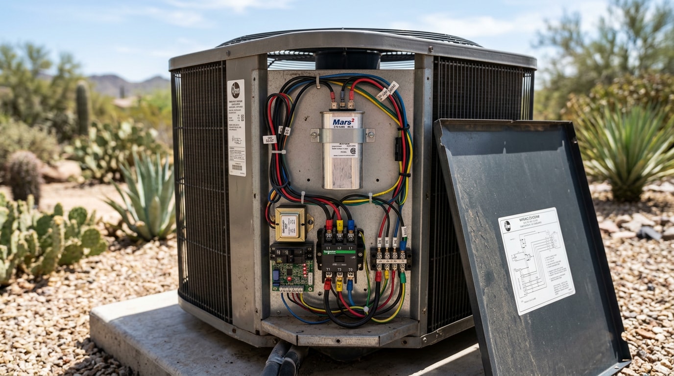 Open outdoor AC condenser unit showing capacitor and contactor components
