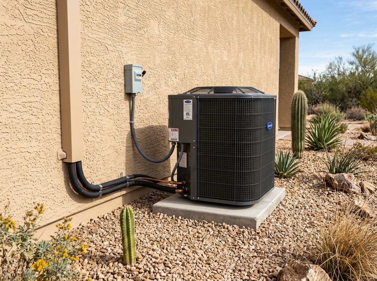 Outdoor heat pump condenser unit installed beside a desert home with xeriscape landscaping