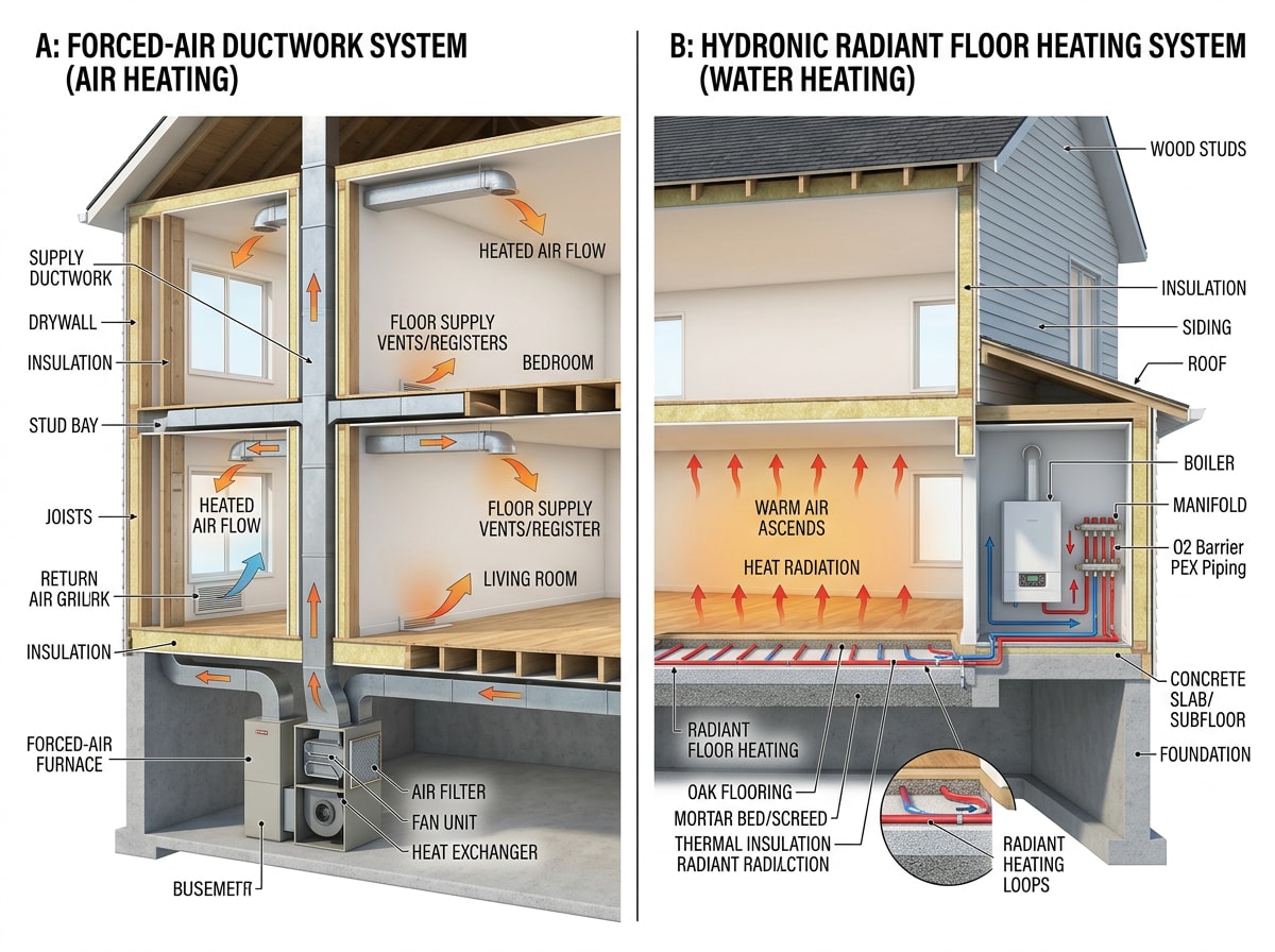 Side-by-side illustration comparing forced-air duct heating distribution with hydronic radiant floor heating distribution in a home