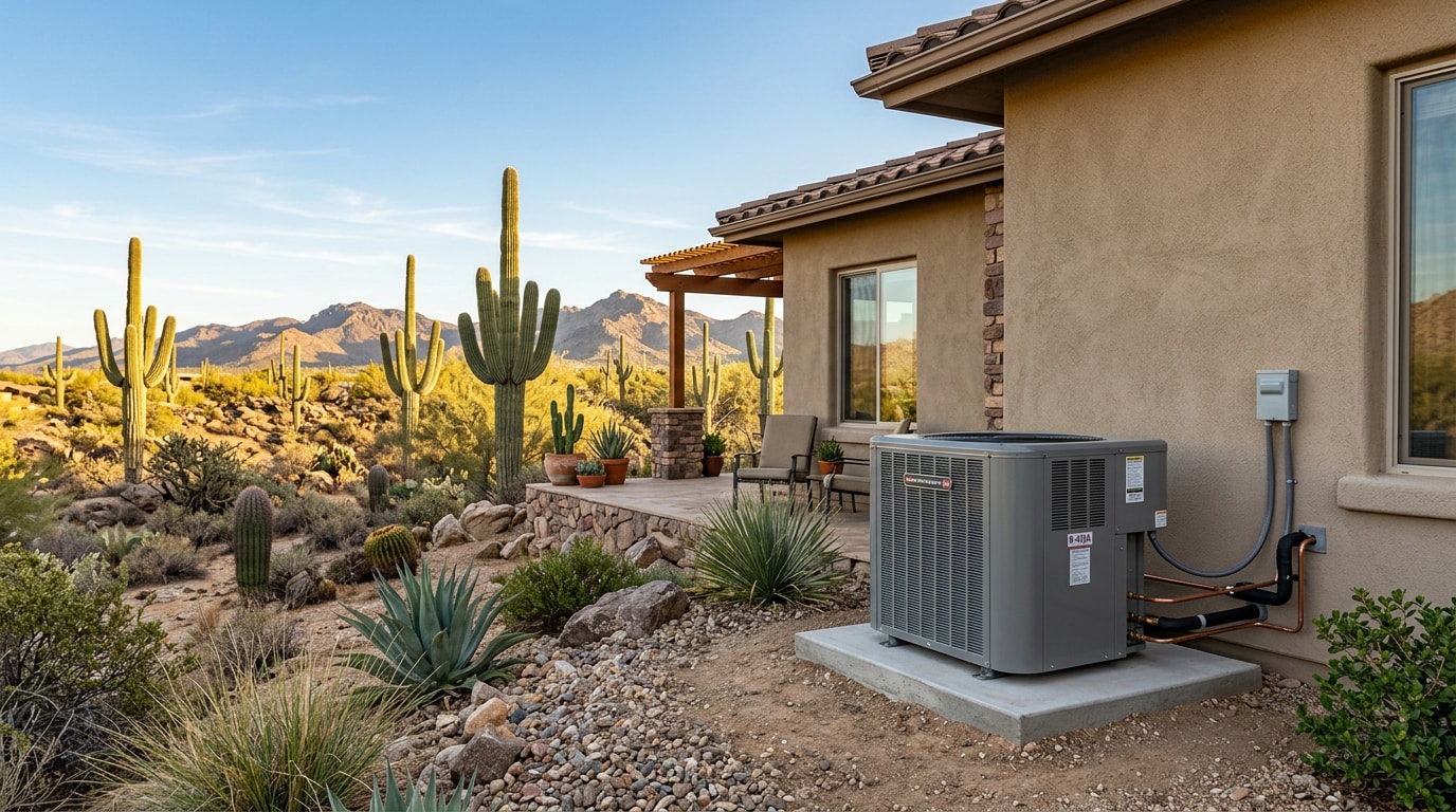 Heat pump condenser unit installed outside a home in Queen Valley, Arizona