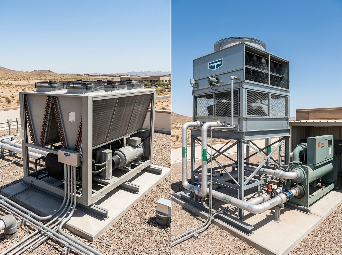 Side-by-side diagram comparing an air-cooled chiller condenser unit and a water-cooled chiller with cooling tower