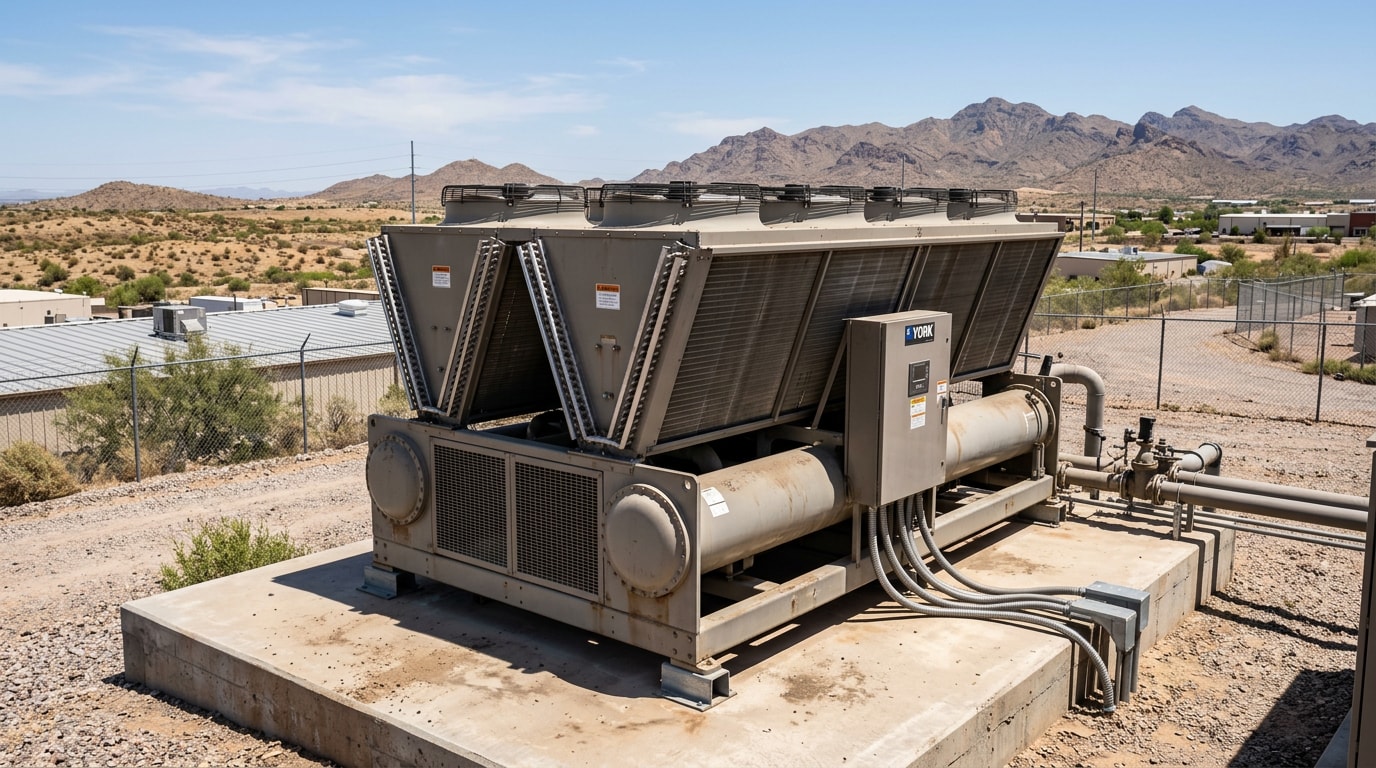 Commercial air-cooled chiller unit installed outdoors at a desert commercial property in Arizona Commercial air-cooled chiller unit installed outdoors at a desert commercial property in Arizona