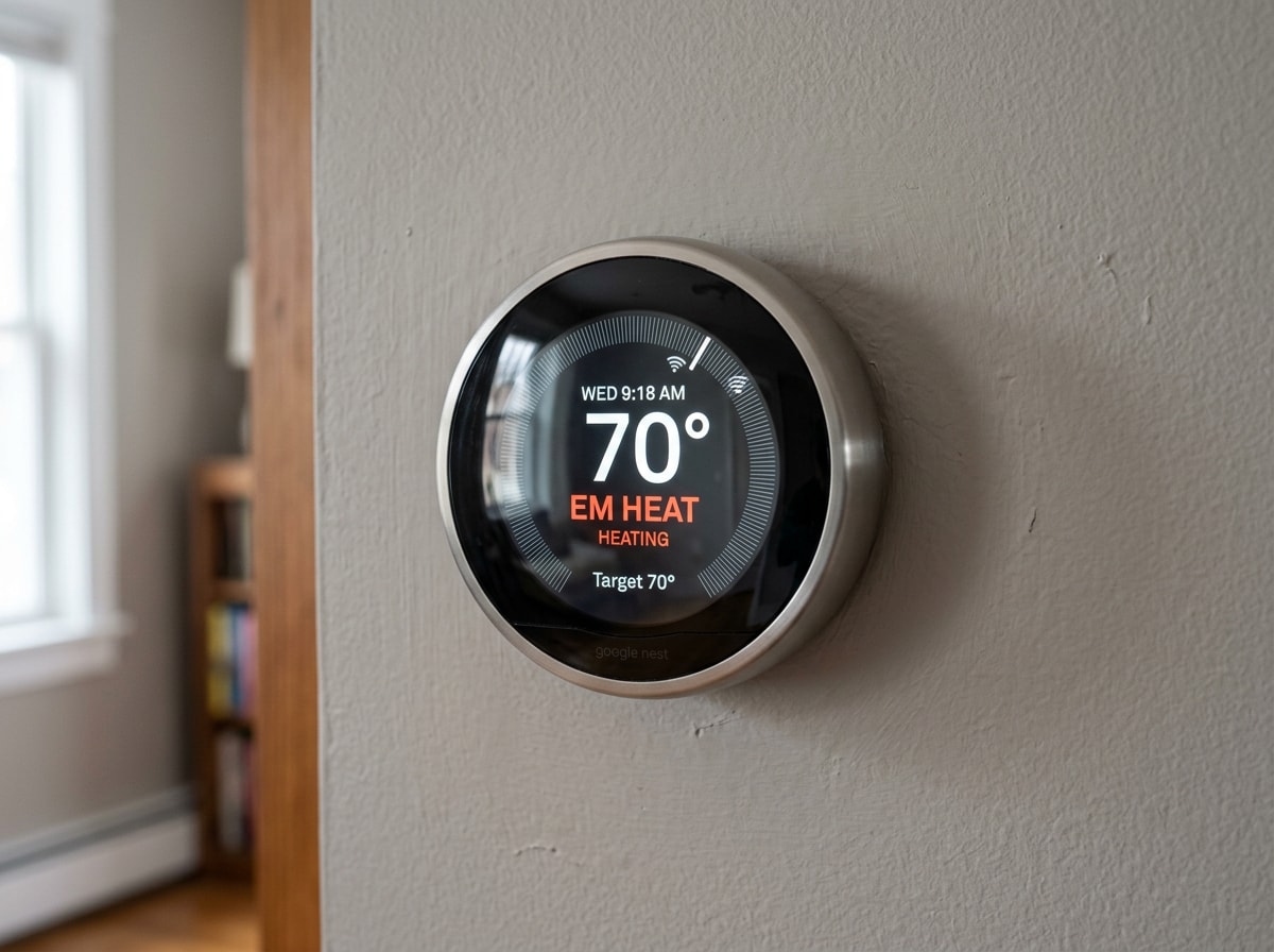Thermostat display showing the EM HEAT indicator light active