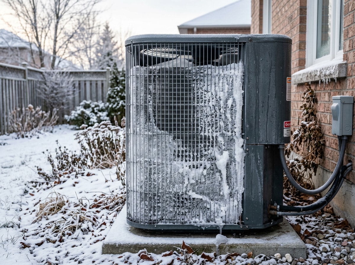 Outdoor heat pump unit with visible frost on the coil during winter