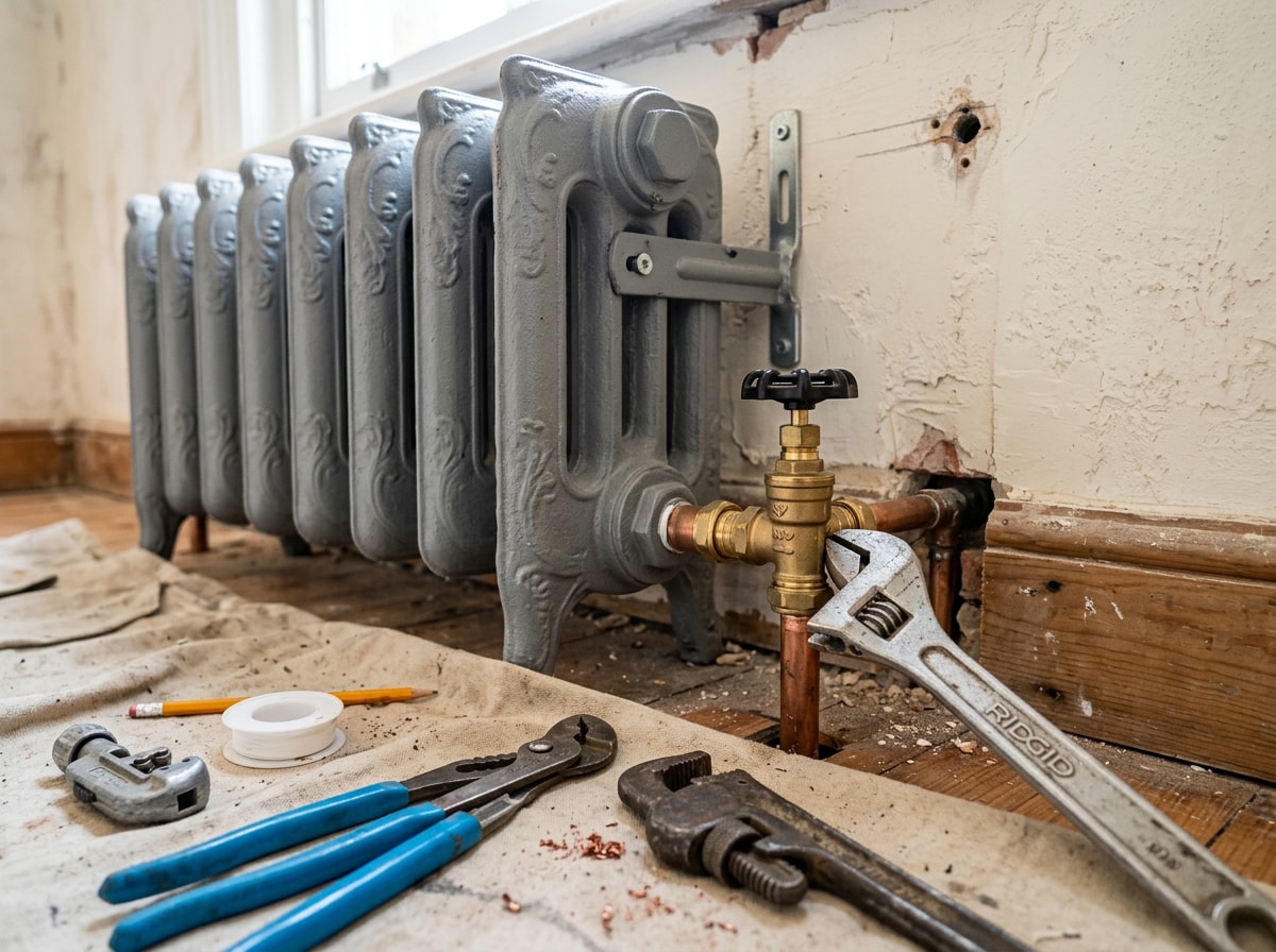 HVAC technician inspecting a cast iron radiator in a Gold Canyon, AZ home