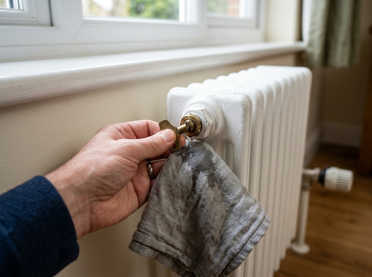 Technician performing radiator valve repair and bleeding a home radiator