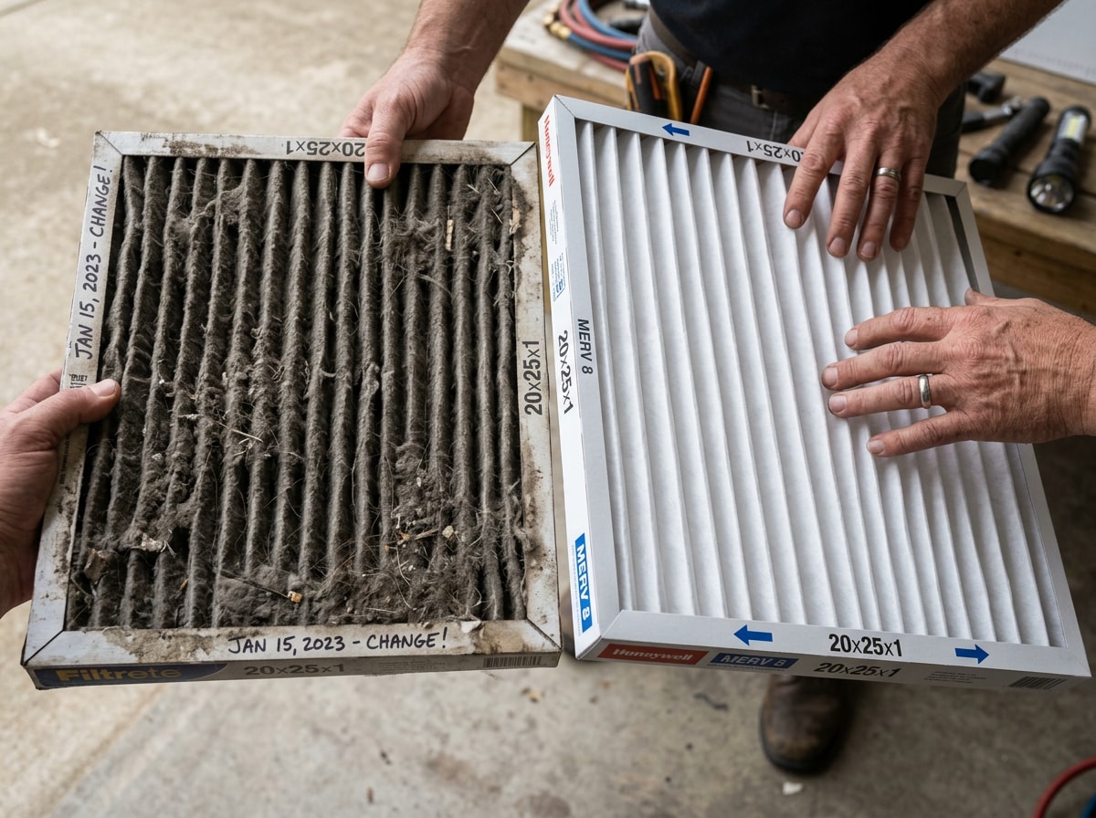 Technician's hand holding a dirty, dust-clogged HVAC air filter next to a clean replacement filter