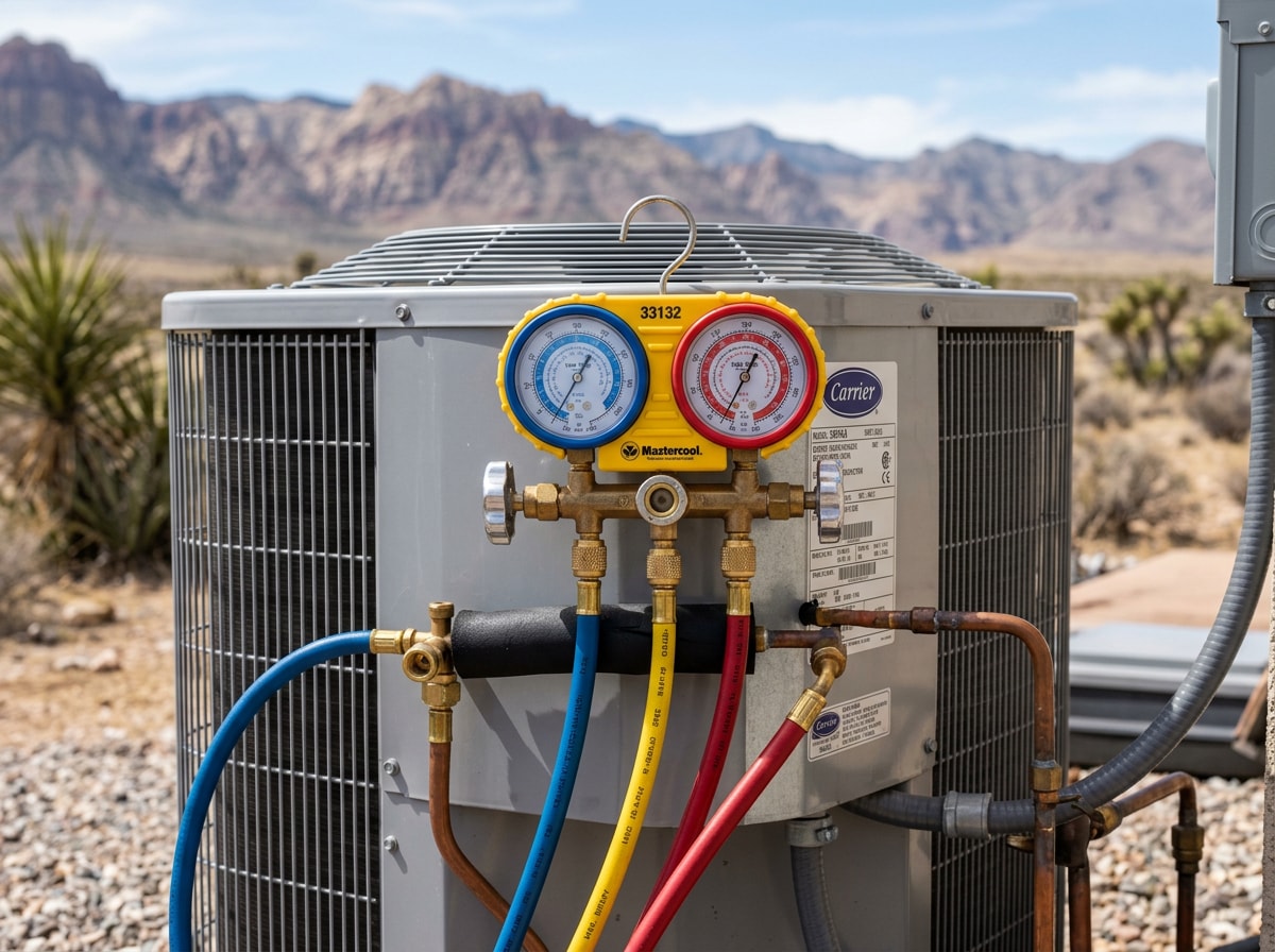 Close-up of an HVAC refrigerant manifold gauge set connected to a residential outdoor condenser unit in a desert mountain setting