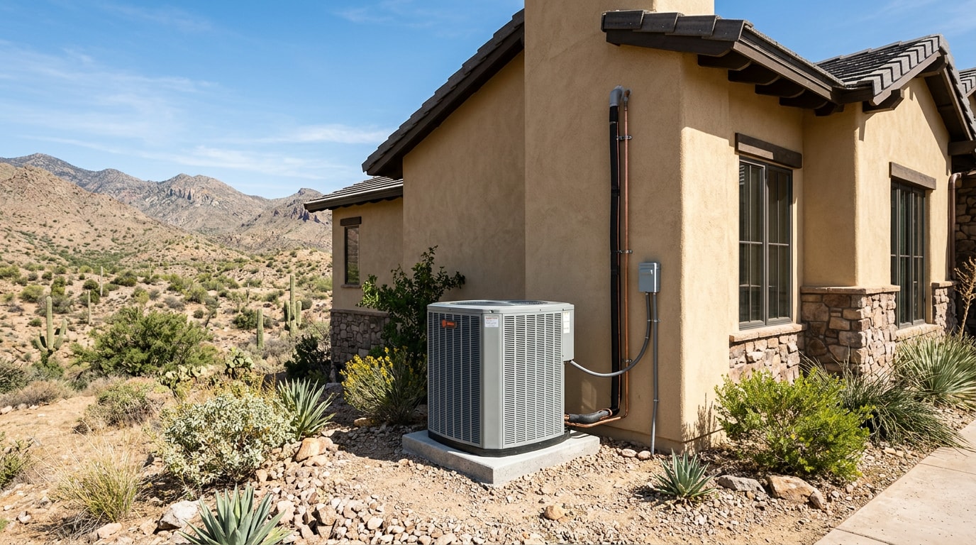 Residential central air conditioning condenser unit outside a home in Globe, Arizona's high desert terrain