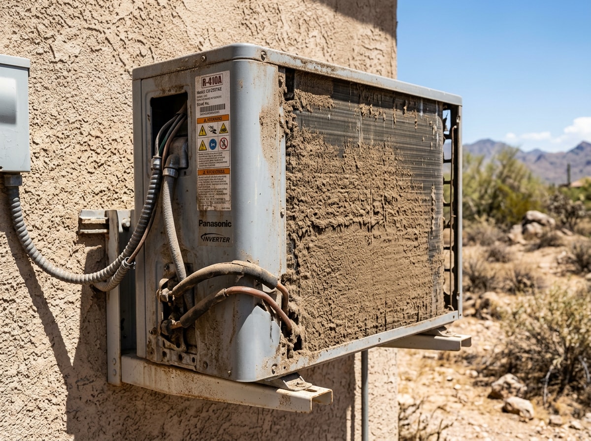 Dust-clogged outdoor mini split condenser unit covered in desert grit