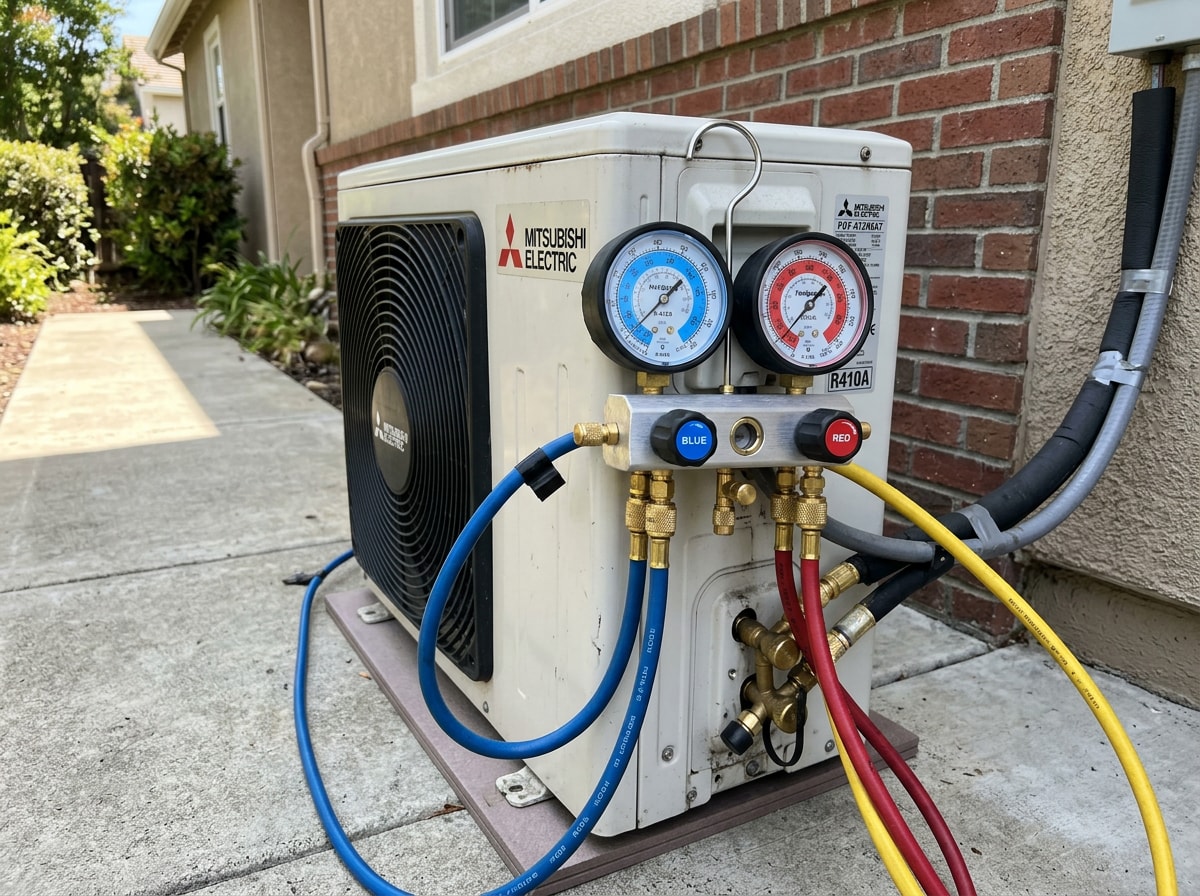 HVAC technician using refrigerant gauges to diagnose an outdoor mini split unit