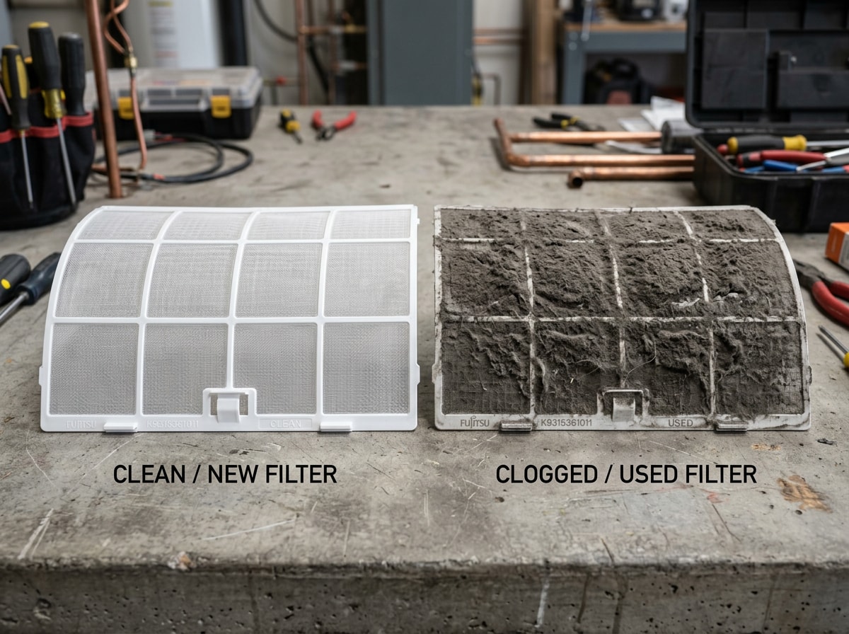 Side-by-side comparison of a clean mini split filter and a dust-clogged filter