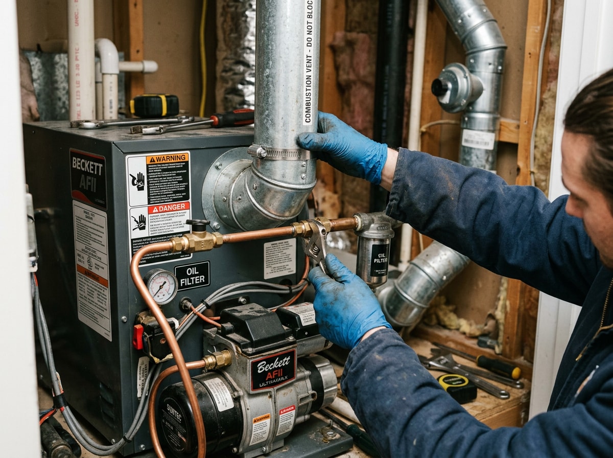 Technician connecting fuel line and venting on an oil furnace installation