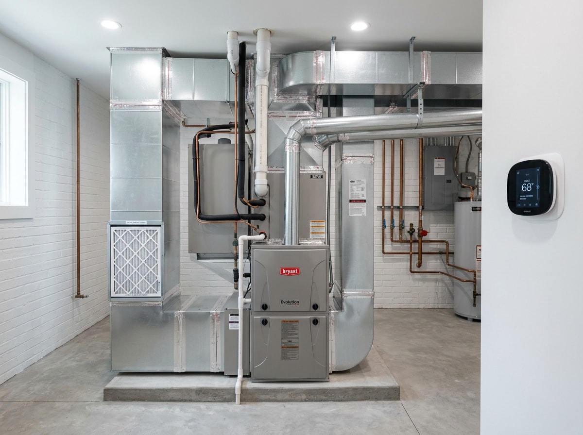 Finished furnace installation with sealed ductwork and digital thermostat