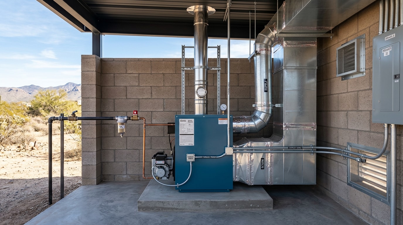 Newly installed oil furnace with fuel line and venting in a Queen Creek, AZ home