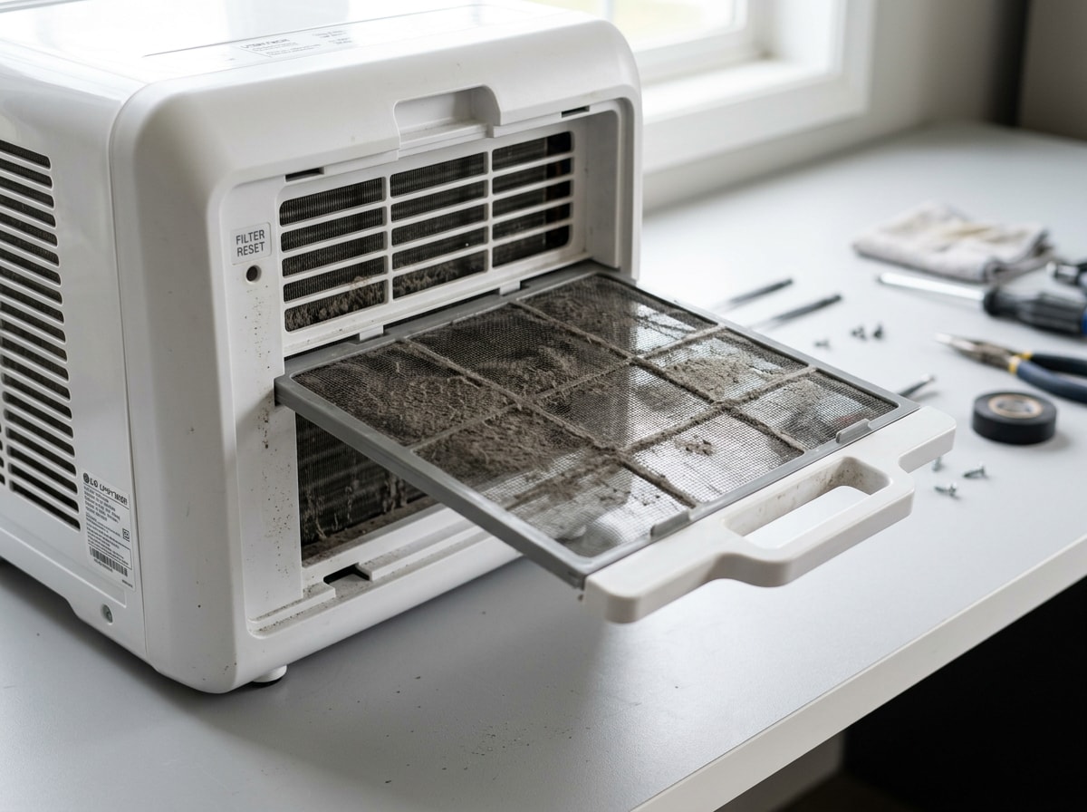 Hands removing and cleaning a dusty portable AC filter to restore cold airflow