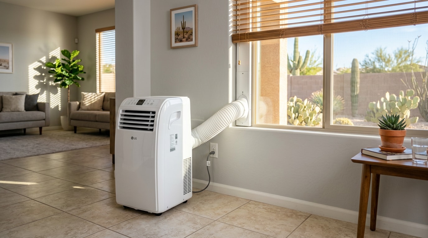 Portable air conditioner with exhaust hose vented through a window in a Queen Creek, AZ home Portable air conditioner with exhaust hose vented through a window in a Queen Creek, AZ home