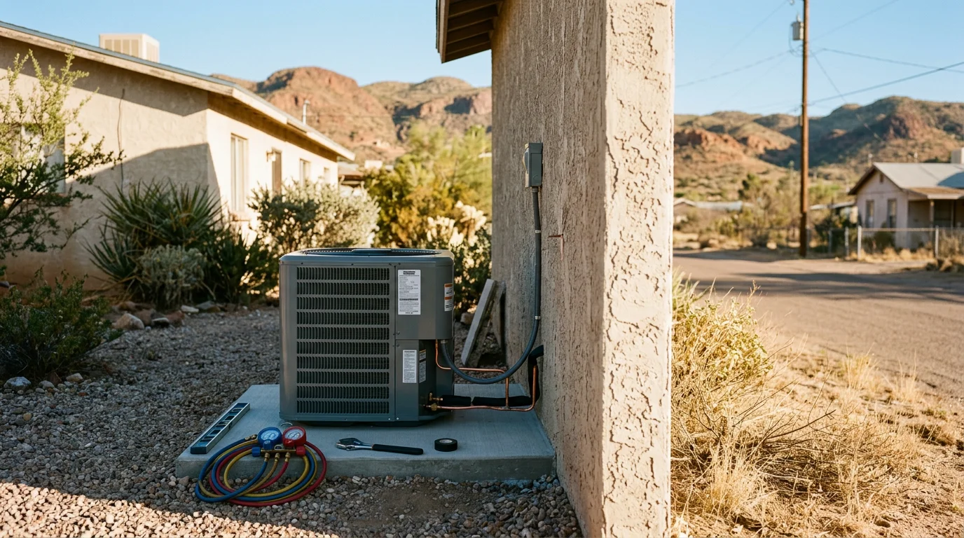 Cobre Valley Air technician servicing an outdoor air conditioning unit at a Globe, AZ home