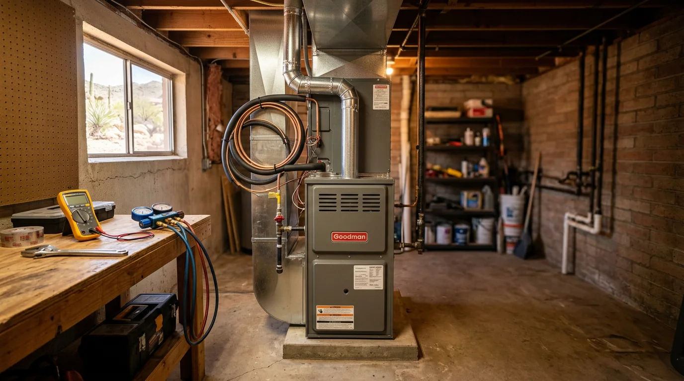 Furnace repair technician inspecting residential heating unit